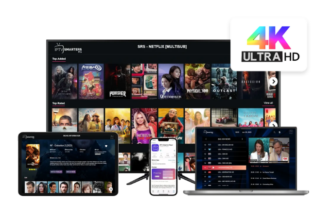 Devices showcasing streaming services, including Smart TVs, tablets, and smartphones, delivering crystal-clear 4K streaming quality